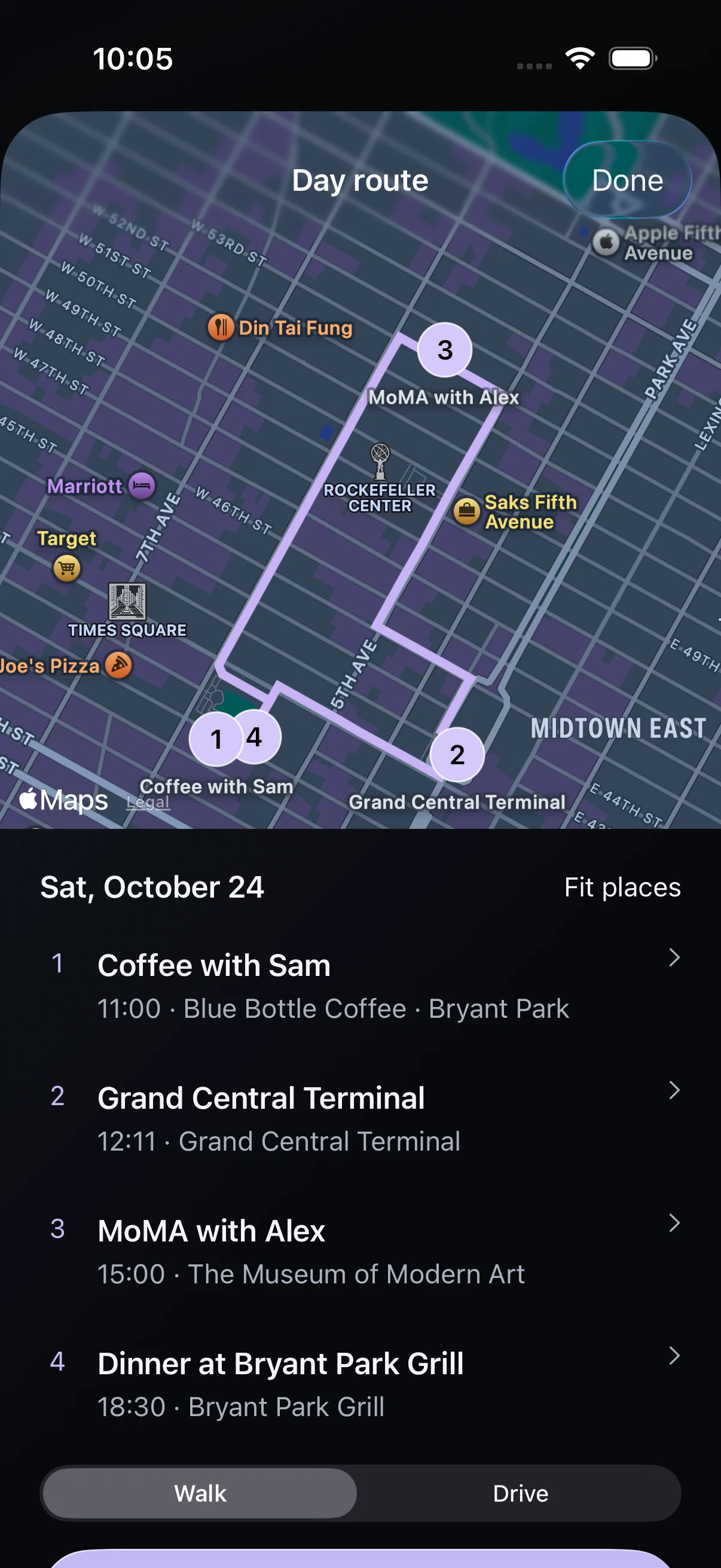 Nowhop Plan: four New York stops connected by an Apple Maps walking route