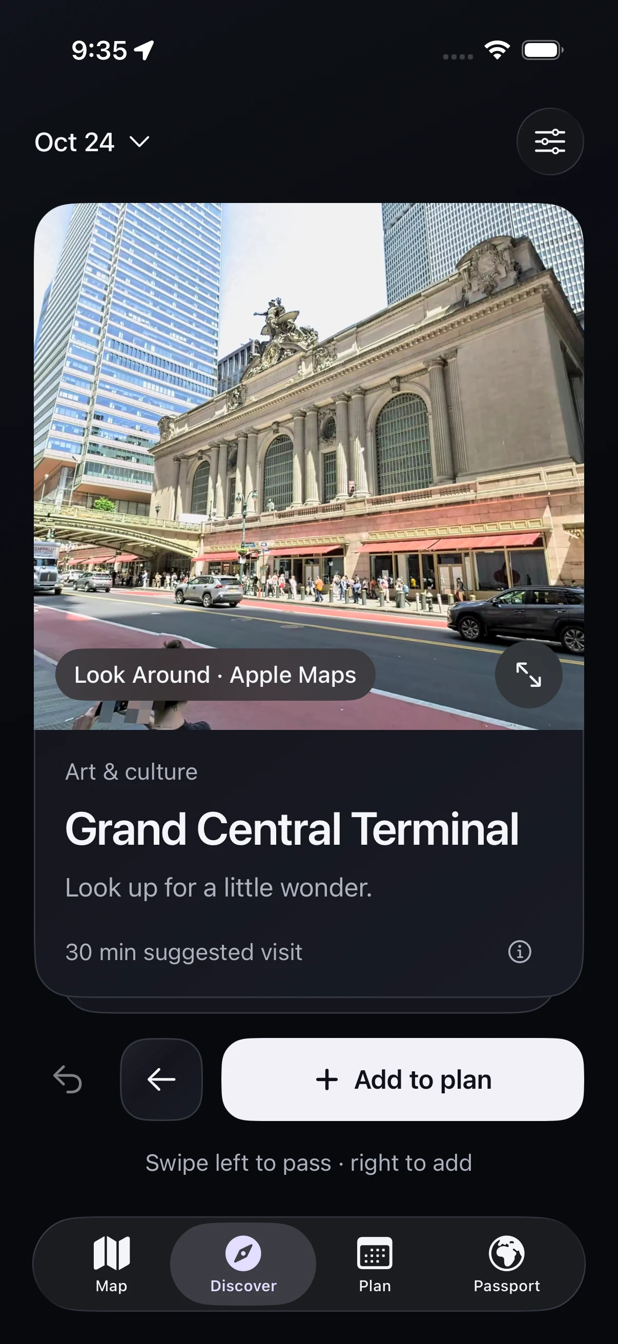 Actual Nowhop Discover: Grand Central Terminal street preview and Add to plan